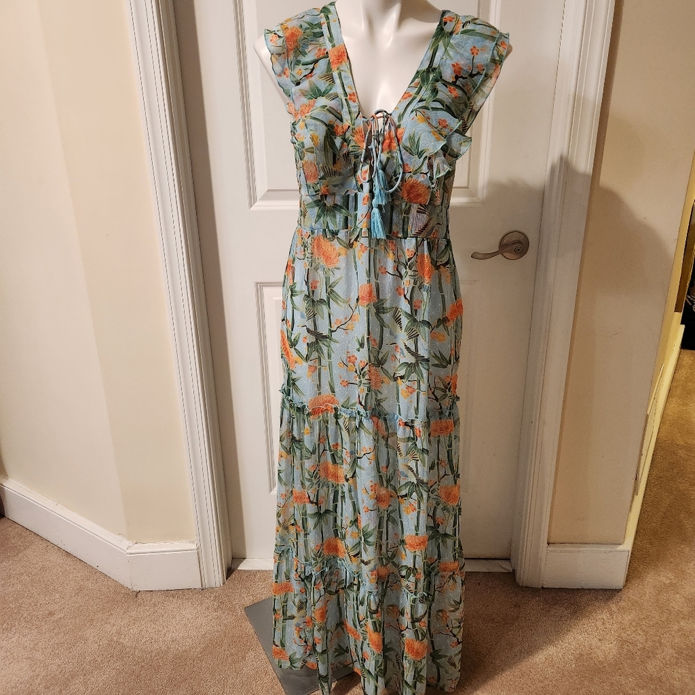 America & Beyond maxi dress medium teal and orange floral, ruffles